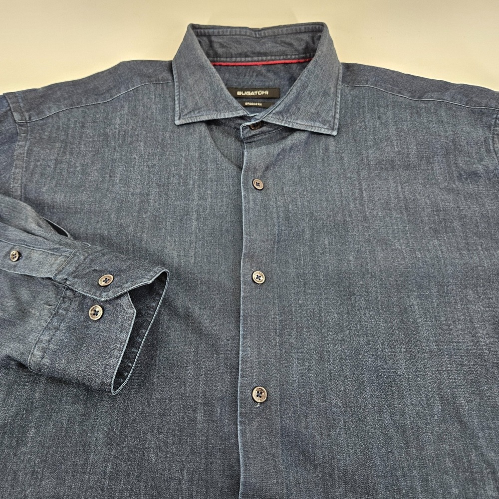 Bugatchi Shaped Fit Shirt Large L Long Sleeve Blue Chambray Lyocell Stretch